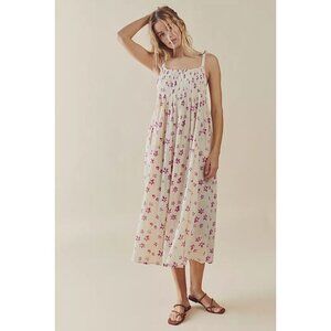 Free People Azure Slip Maxi Dress Smocked Foral Printed Textured Cotton S